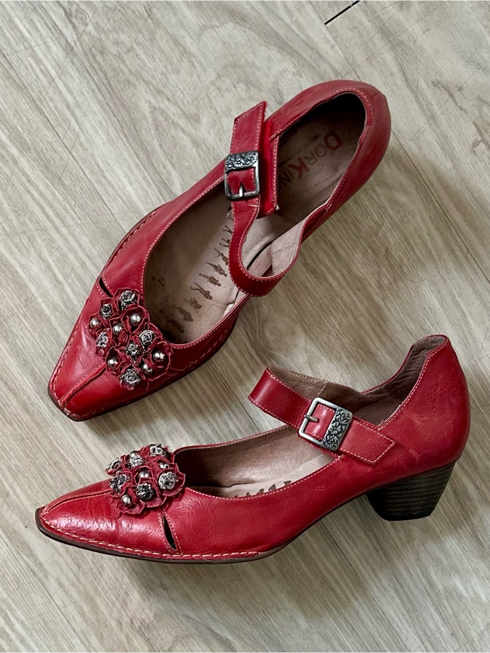 Dorking Red Leather Mary Jane Heels with Floral Accent